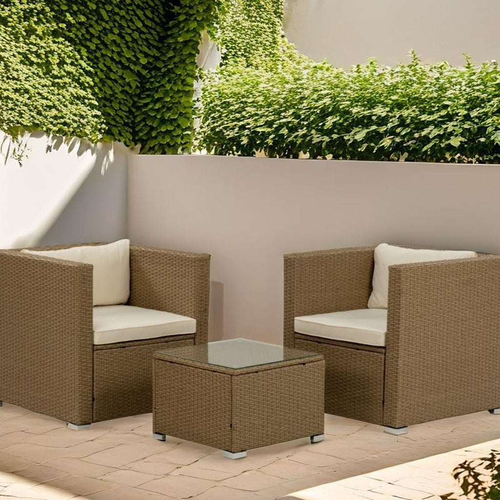 Conjunto de Jardín Ravello Doble Mini 2 Plazas — Ratán Sintético y Acero | 2 Sillones y Mesa