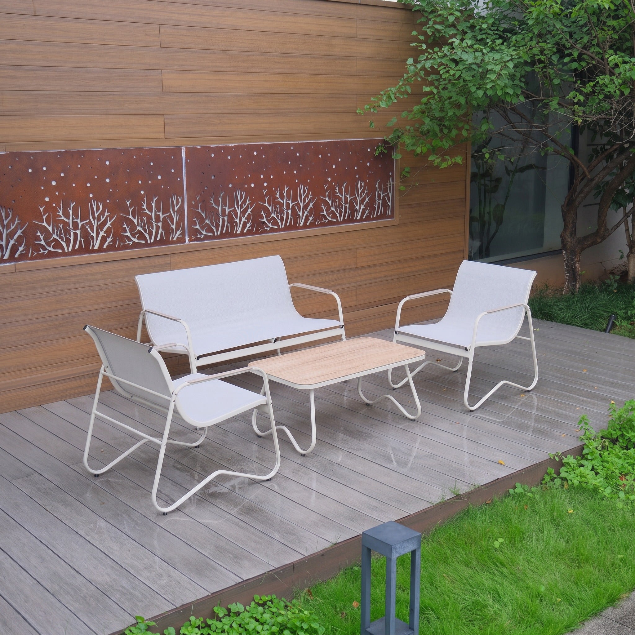 Conjunto de Jardín Helvoria 4 Plazas — Acero Galvanizado y Textileno | Sofá, 2 Sillones y Mesa