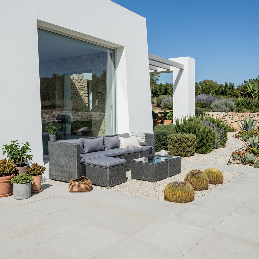 Conjunto de Jardín Ravello Cuatro con Doble Mesa — Ratán Sintético