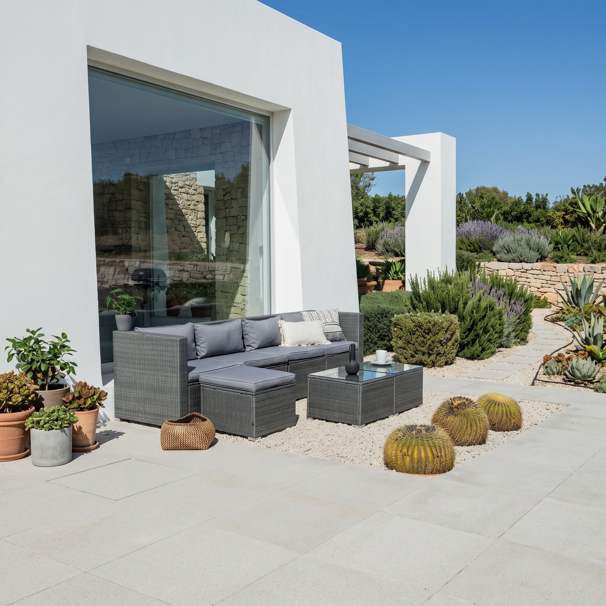 Conjunto de Jardín Ravello Cuatro con Doble Mesa — Ratán Sintético