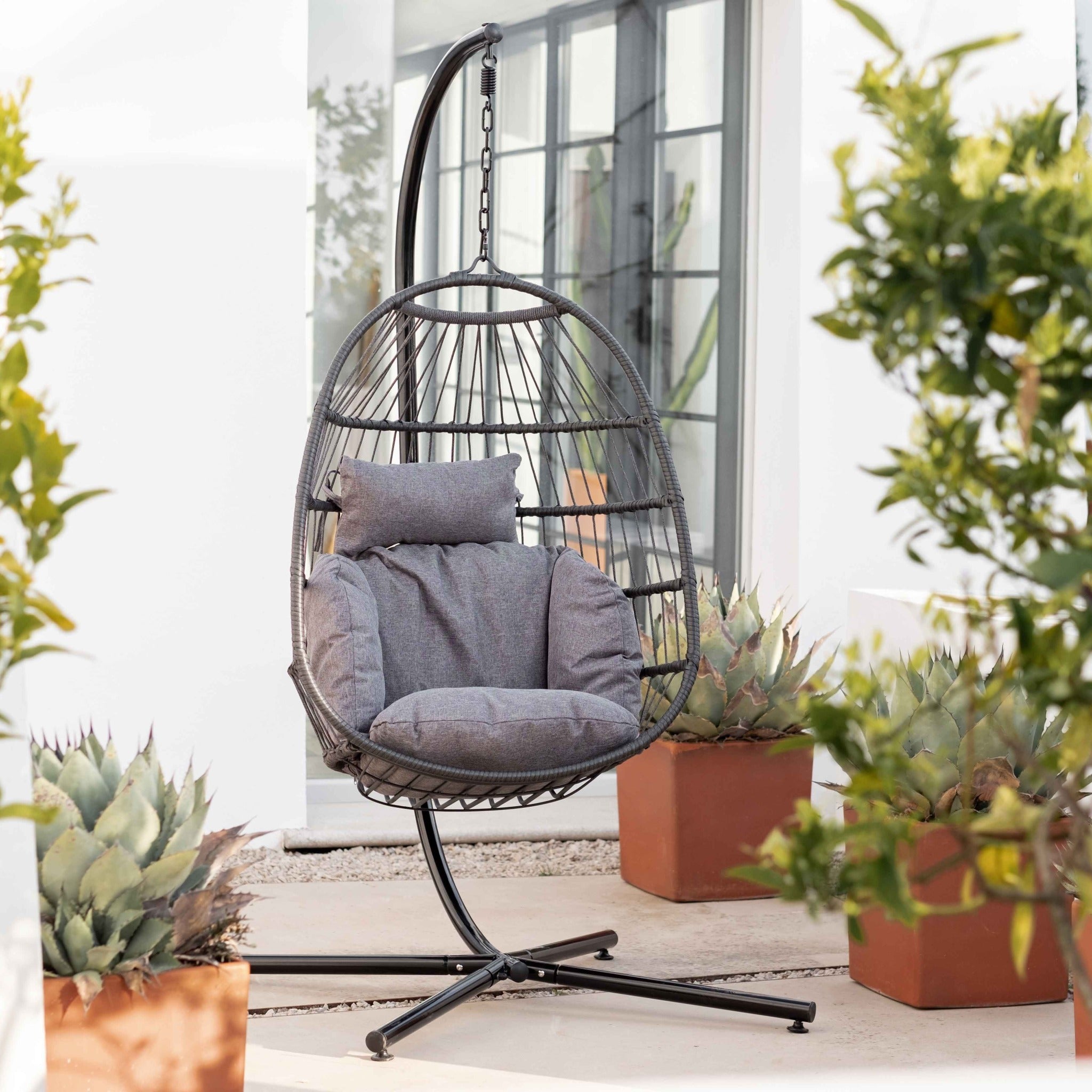 Sillón Huevo Colgante de Jardín Dravena — Ratán Sintético y Acero | Beige — vista 7
