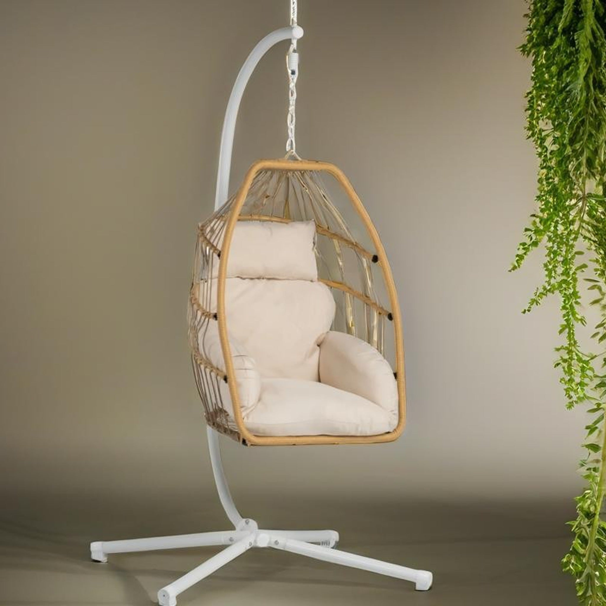 Sillón Huevo Colgante de Jardín Dravena — Ratán Sintético y Acero | Beige