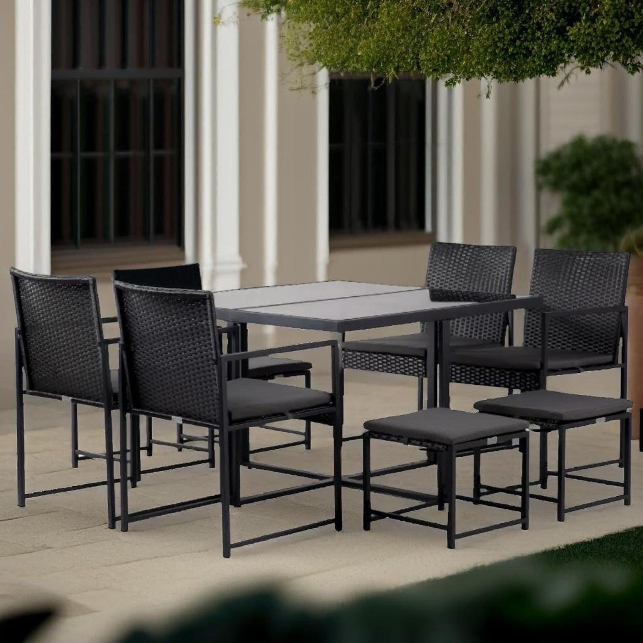 Conjunto de Jardín Amsterdam 8 Plazas — Ratán Sintético y Acero | 4 Sillones, 4 Pufs y Mesa — vista 8