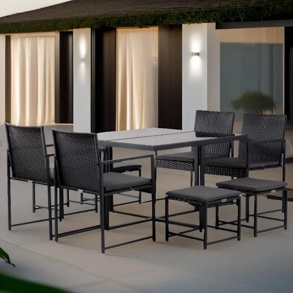 Conjunto de Jardín Amsterdam 8 Plazas — Ratán Sintético y Acero | 4 Sillones, 4 Pufs y Mesa — vista 4