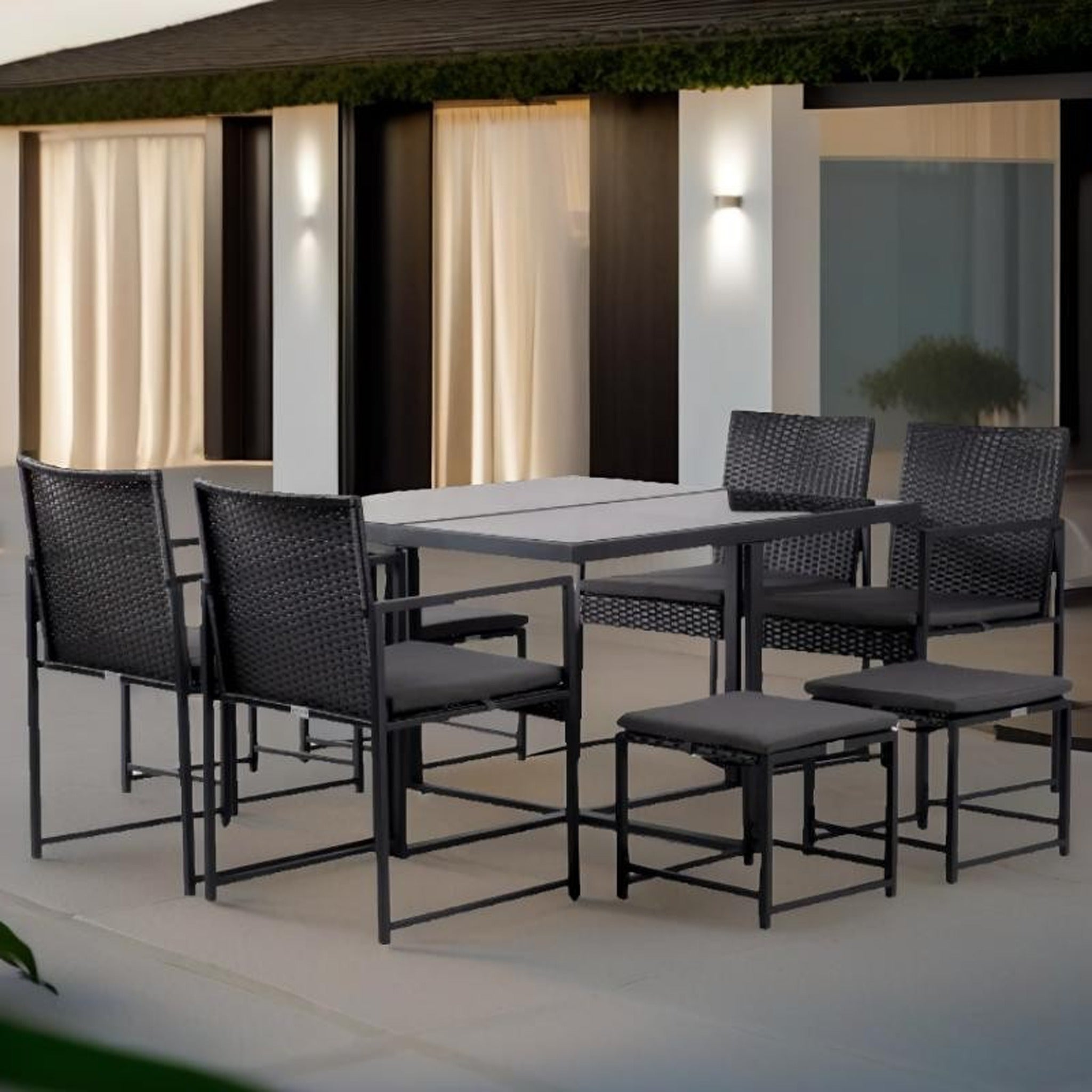 Conjunto de Jardín Amsterdam 8 Plazas — Ratán Sintético y Acero | 4 Sillones, 4 Pufs y Mesa — vista 4