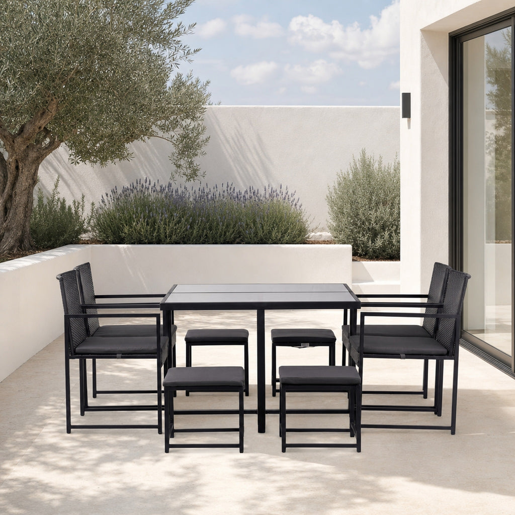 Conjunto de Jardín Amsterdam 8 Plazas — Ratán Sintético y Acero | 4 Sillones, 4 Pufs y Mesa