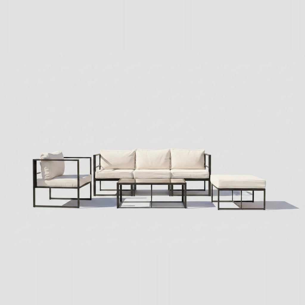 Conjunto de Jardín Portofino 5 Plazas — Sofá Modular con Puf, Acero y Cojines Premium