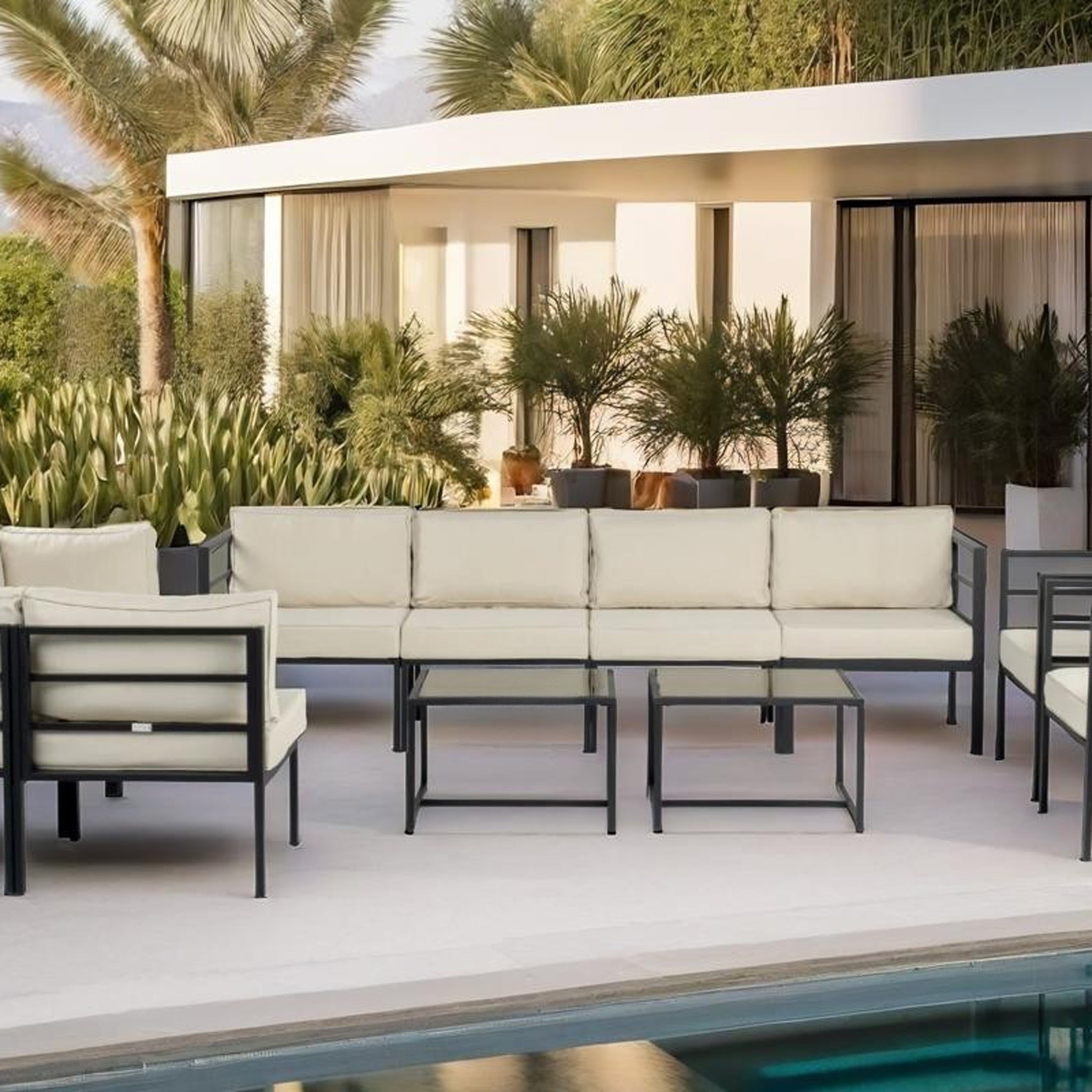 Conjunto de Jardín Estocolmo Deluxe 10 Plazas — Sofá Modular Doble, Acero y Cojines Premium