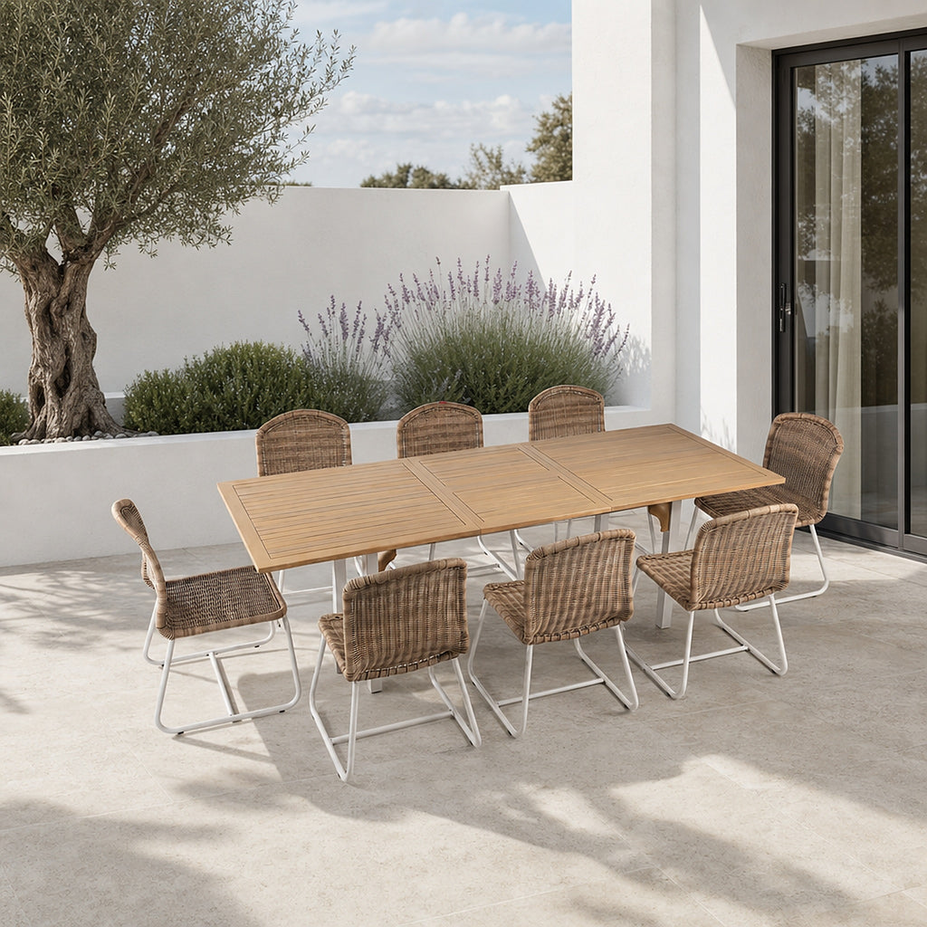 Comedor de Jardín Venecia 8 Plazas — Mesa Alta, Acero y Ratán