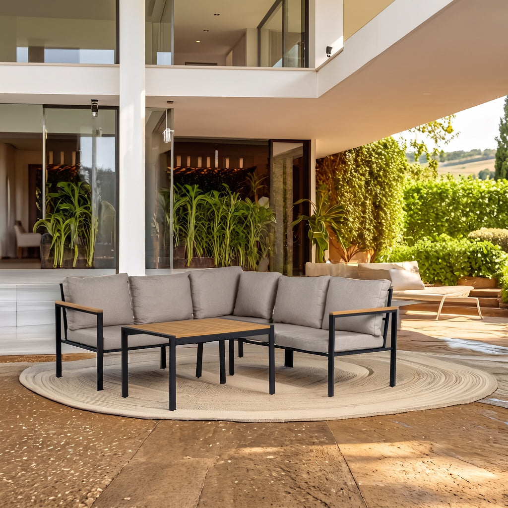 Conjunto de Jardín Bolonia 6 Plazas — Sofá Rinconera y Mesa Baja | Acero y Madera Acacia