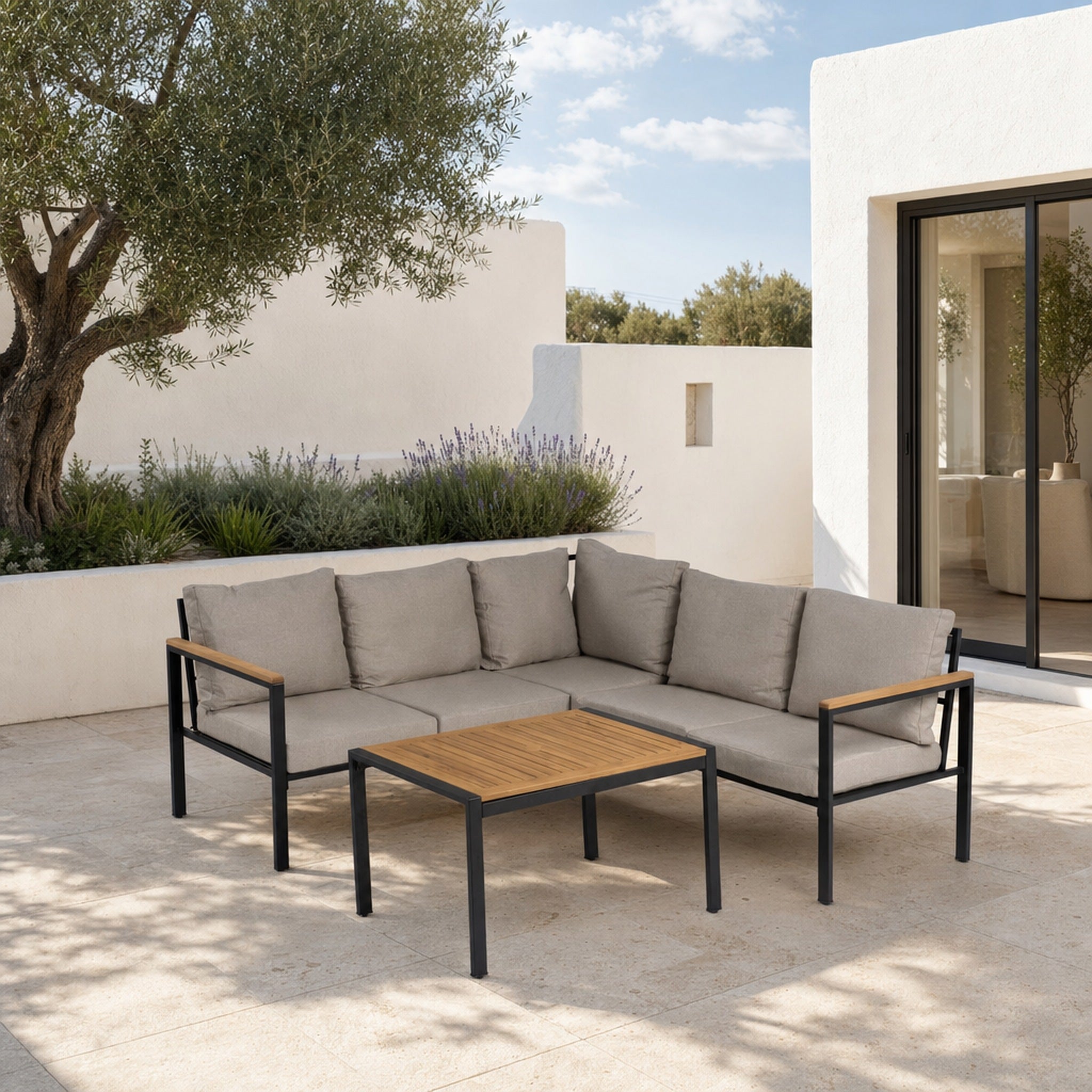 Conjunto de Jardín Bolonia 6 Plazas — Sofá Rinconera y Mesa Baja | Acero y Madera Acacia